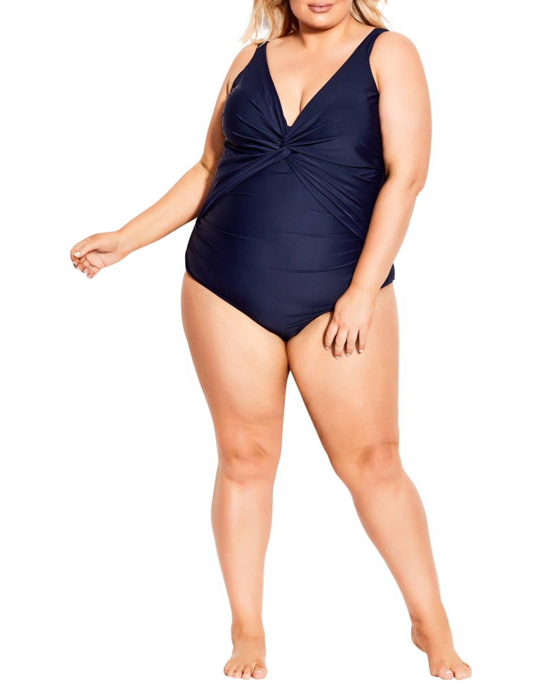 Plus size model wearing Yara Twist Front One-Piece by avenue | Dia&Co | dia_product_style_image_id:201519